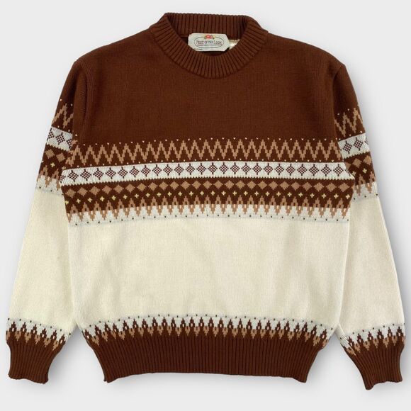 VINTAGE Fruit of the Loom Sweater Mens Extra Large Brown Fair Isle Pullover 60s - Picture 2 of 9